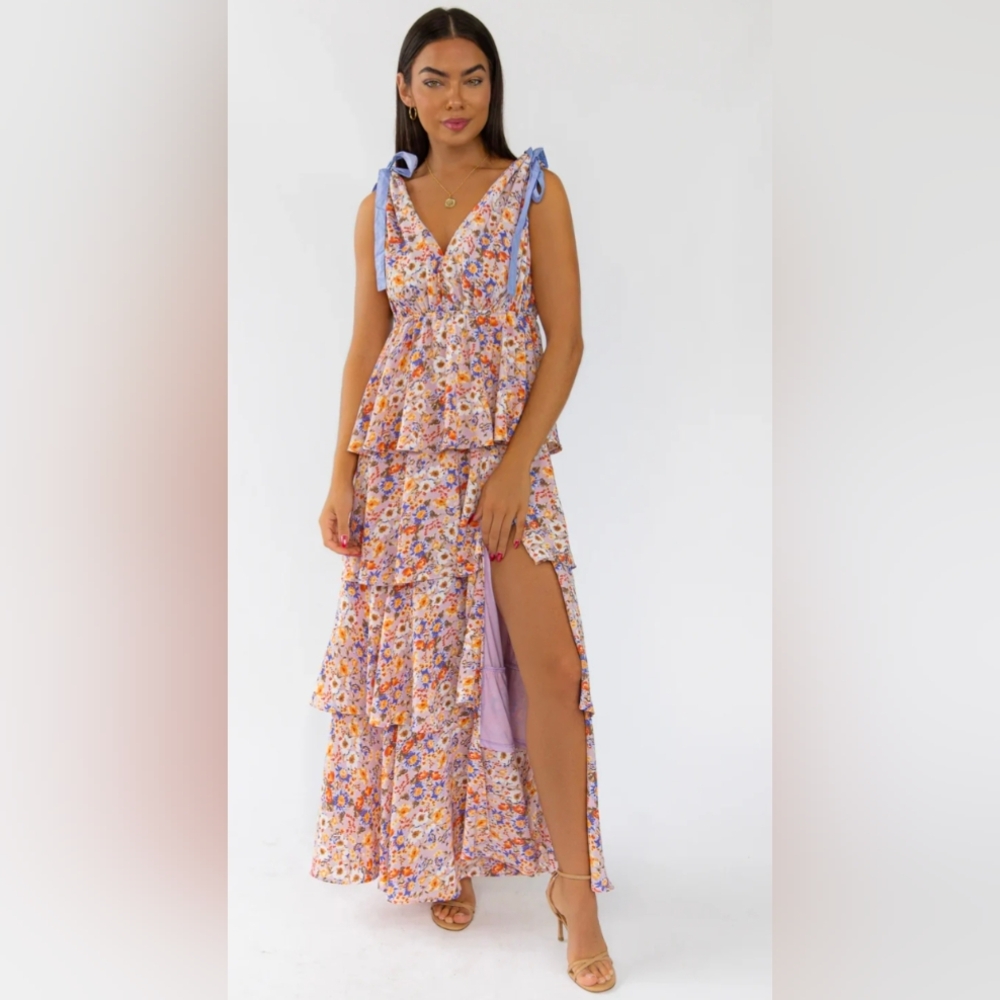 Floral Tiered Maxi Dress with Side Slit - Lilac/Orange